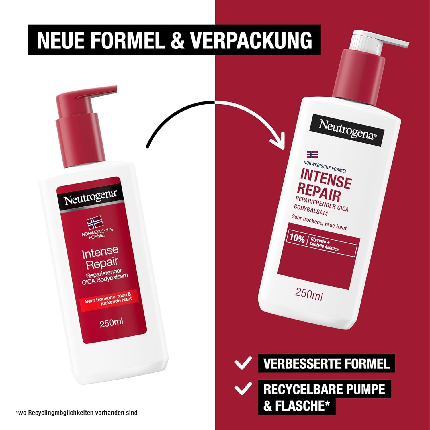 Neutrogena Intense Repair Reparierender CICA Bodybalsam, Feuchtigkeitsspendende Bodylotion Mit Glycerin & Centella Asiatica, Nicht Fettende Körperlotion Für Raue, Sehr Trockene Haut (250 Ml)