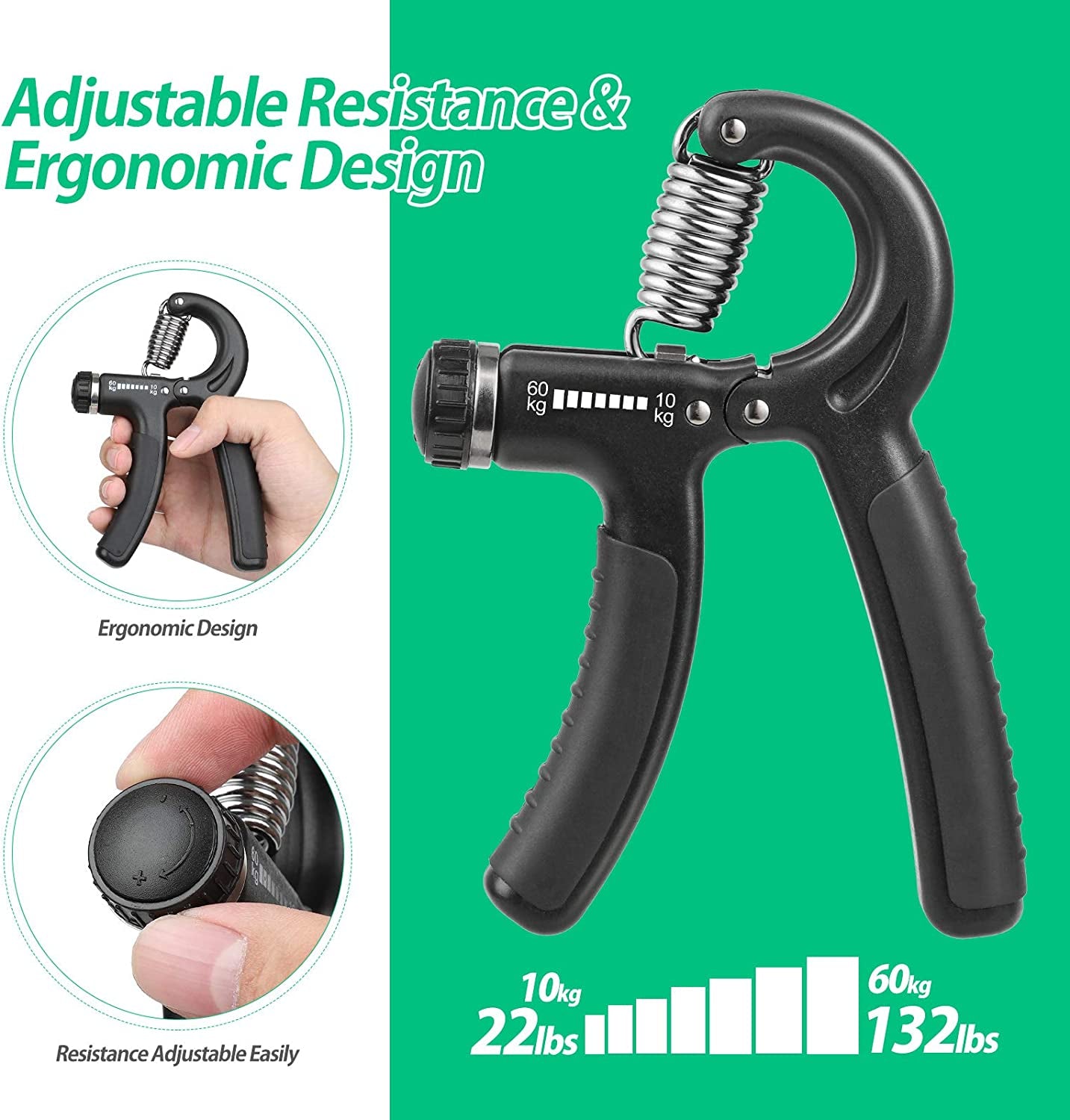 Grip Strength Trainer - Adjustable Resistance 22-132Lbs (10-60Kg)
