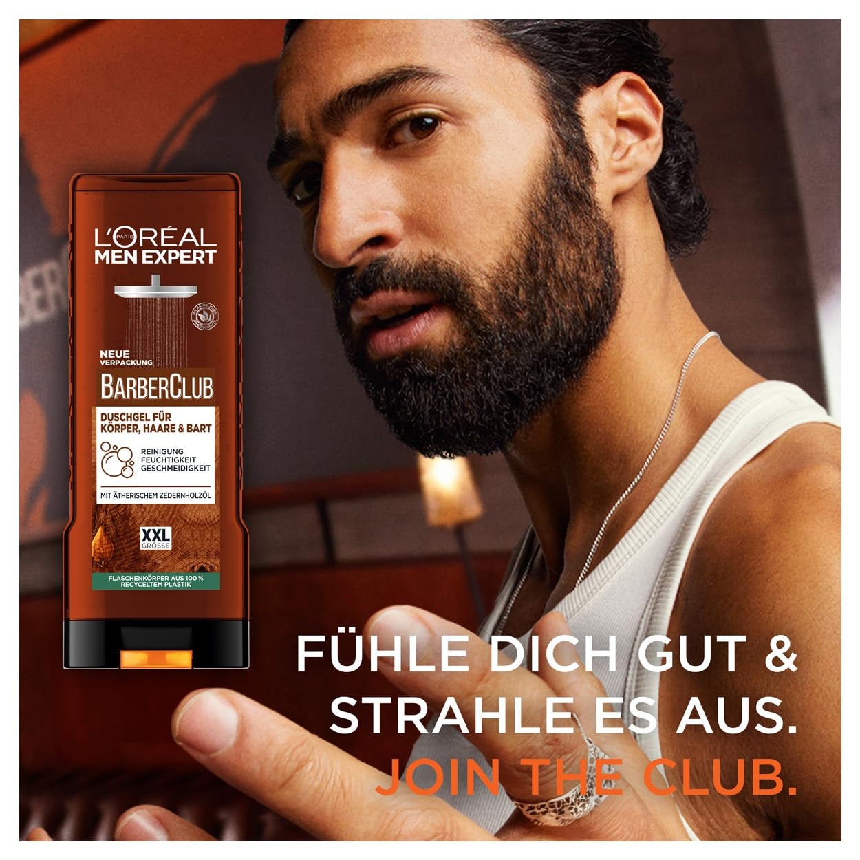 L'Oréal Men Expert XXL Duschgel Und Shampoo Für Männer, Duschbad Zur Reinigung Von Körper, Haar, Gesicht Und Bart, Herren Körperpflege Mit Holzigem Duft Und Zedernholzöl, Barber Club, 1 X 400 Ml