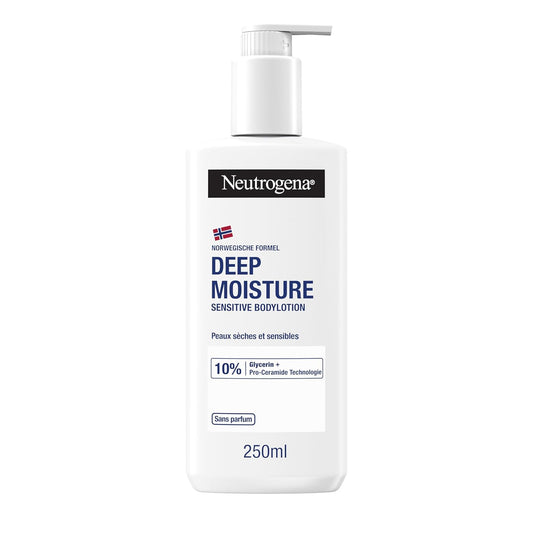 Neutrogena Deep Moisture Bodylotion Sensitive, Parfümfreie Körperlotion Für Empfindliche, Trockene Haut, Nicht Fettende Hautpflege Lotion Mit Glycerin & Pro-Ceramide Technologie (250 Ml)