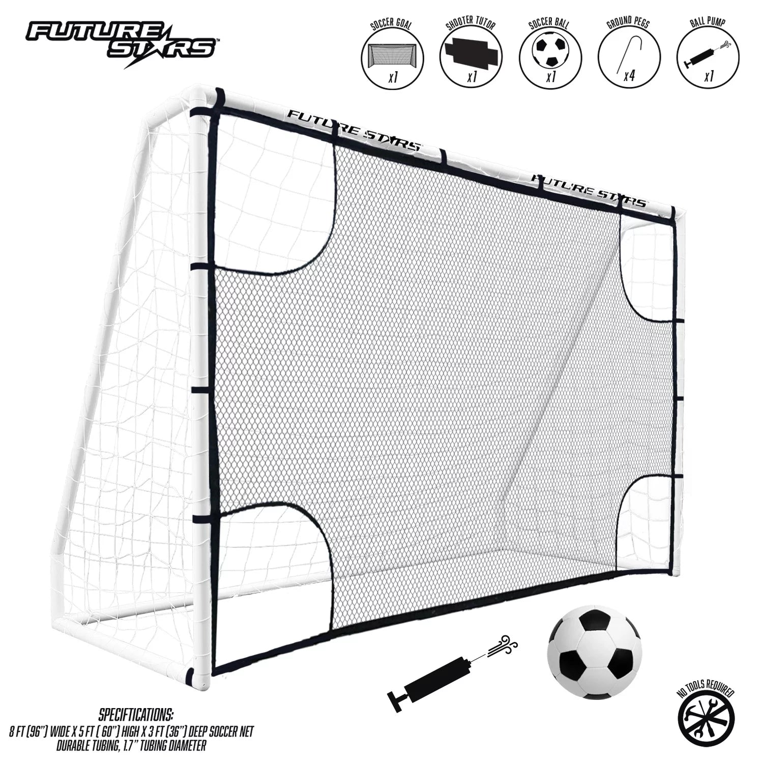 8Ft Soccer Goal Combo Set with Shooter Tutor, Official Size 5 Soccer Ball and Pump