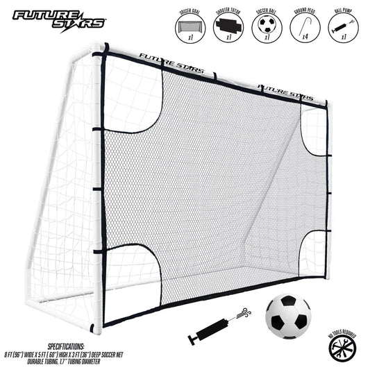 8Ft Soccer Goal Combo Set with Shooter Tutor, Official Size 5 Soccer Ball and Pump