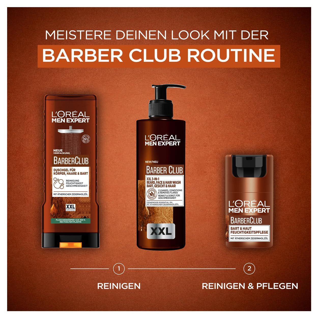 L'Oréal Men Expert XXL Duschgel Und Shampoo Für Männer, Duschbad Zur Reinigung Von Körper, Haar, Gesicht Und Bart, Herren Körperpflege Mit Holzigem Duft Und Zedernholzöl, Barber Club, 1 X 400 Ml