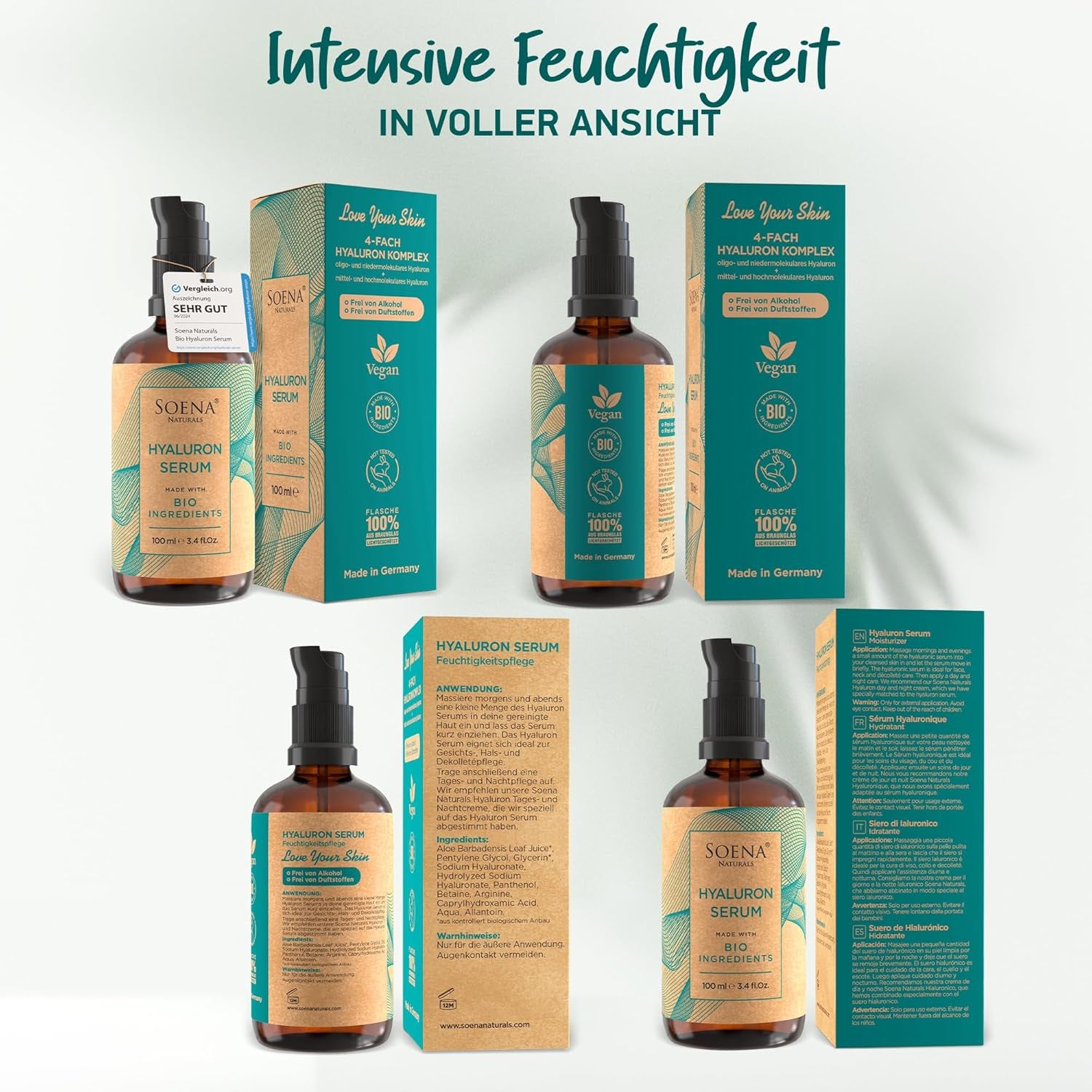 Bio Hyaluron Serum Hochdosiert - Beste Hyaluronsäure (Oligo) - 8-Fach Anti-Falten-Komplex- Mit 4 Hyalurongrößen - Frei Von Alkohol & Parfüm 100Ml - Hyaluronsäure Serum Made in Germany